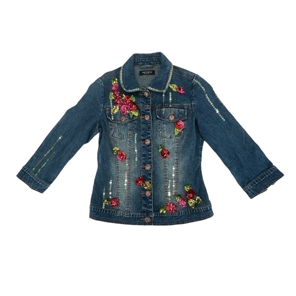 Anties By Couple L Floral Embellished Denim Jean Jacket Size Small Women's
